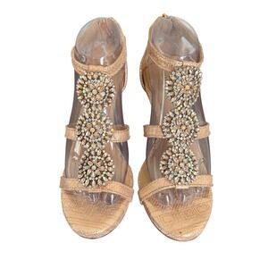 Antonio Melani Gold Crystal Medallion T-Strap‎ Sandals Snakeskin Heels 8M